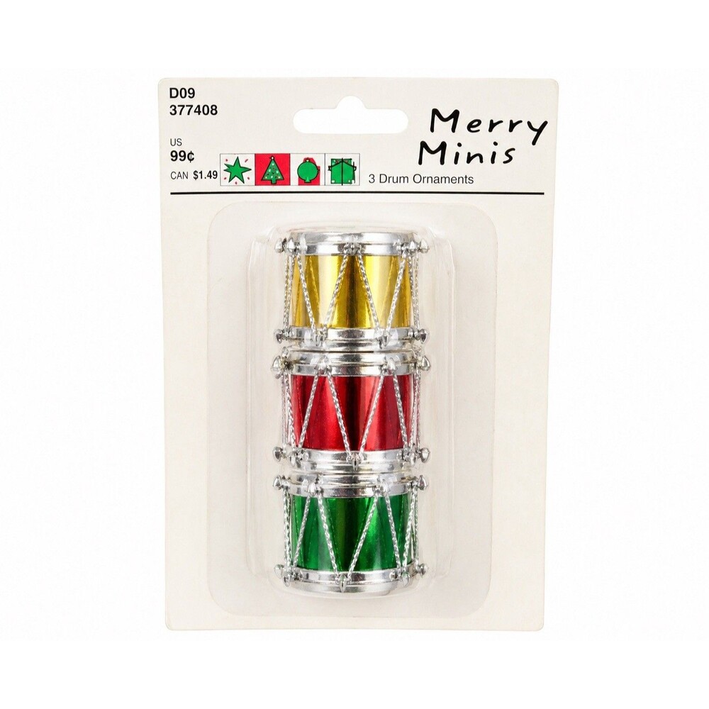 Vintage Merry Minis Drum Ornaments Set of 3 NOS Sealed Michaels Christmas Decor